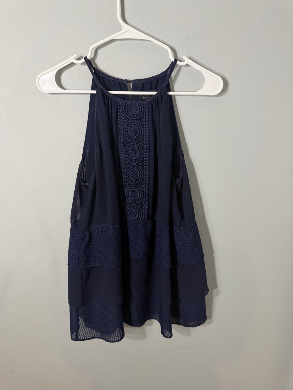 WHBM Navy Halter Crochet Detail Blouse